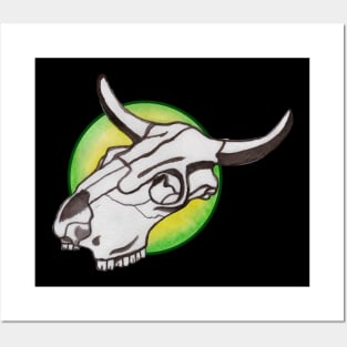 Cow Skull In Green Circle Posters and Art